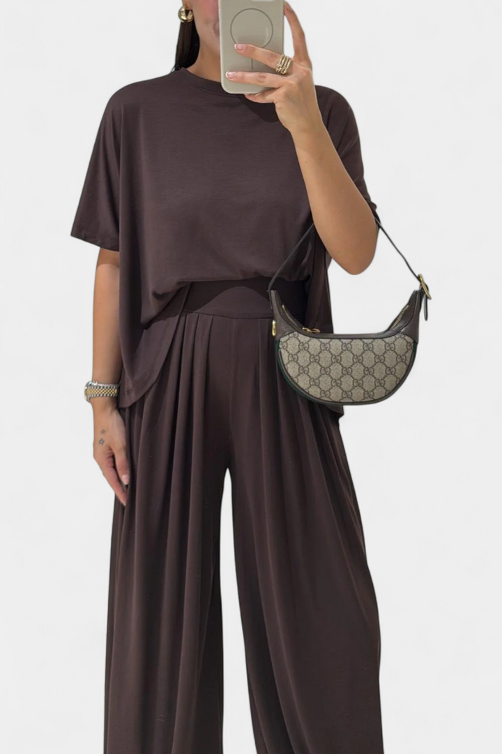 Trista Minimalist Modal Ensemble: Straight Top & Wide-Leg Pants