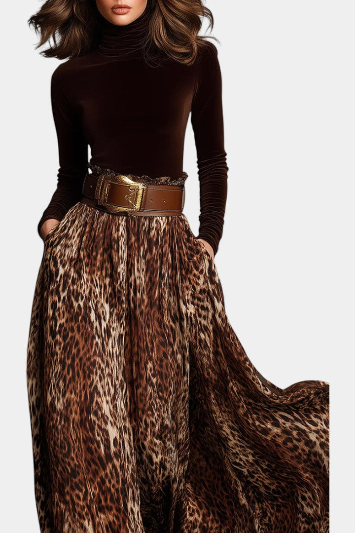 Chic Velvet Turtleneck Ensemble with Sophisticated Leopard Print Skirt