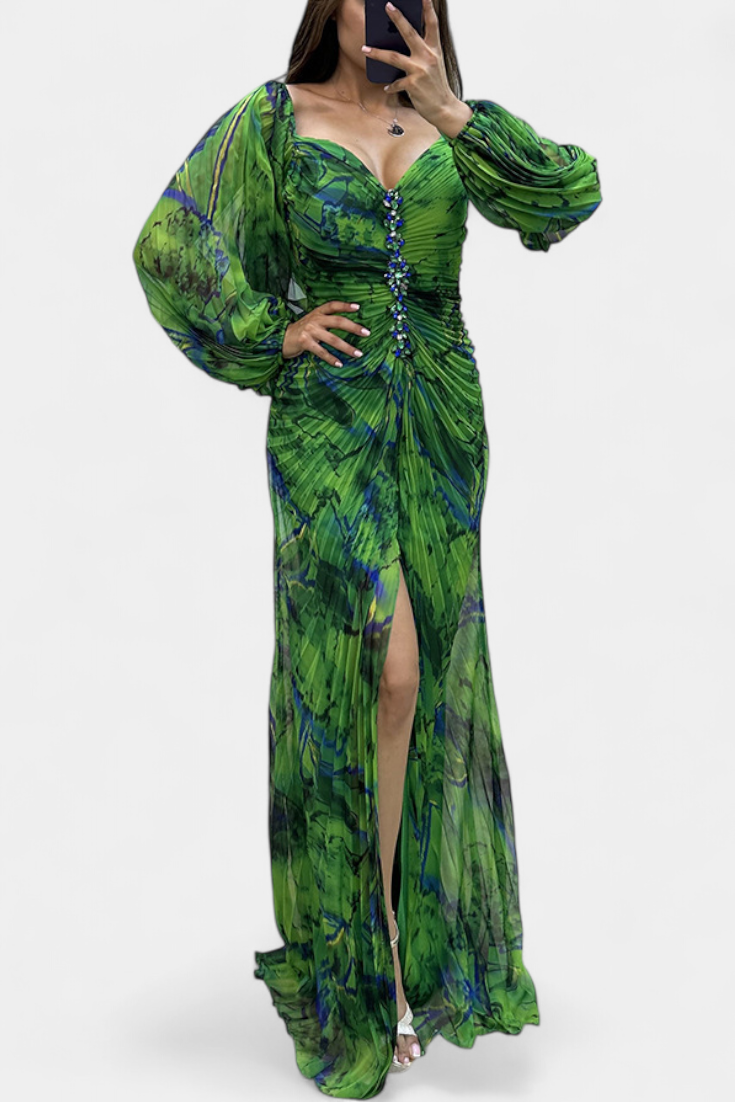 Quintessa Off-Shoulder Pleated Evening Gown with Puff Sleeves