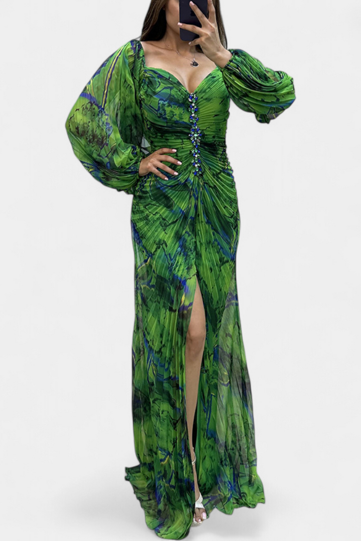 Quintessa Off-Shoulder Pleated Evening Gown with Puff Sleeves