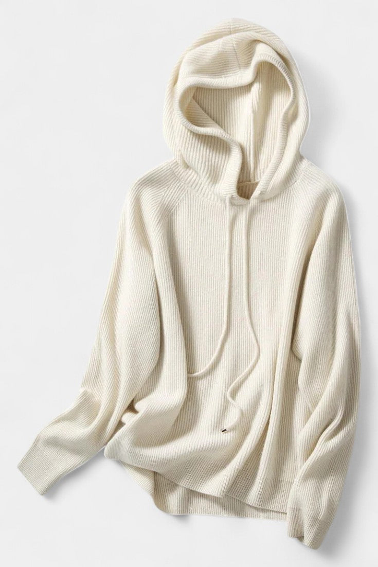 Agnella Hip-Length Ribbed Hoodie Sweater with Drawstrings