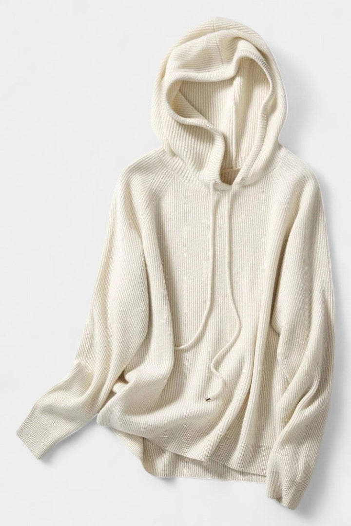 Agnella Hip-Length Ribbed Hoodie Sweater with Drawstrings