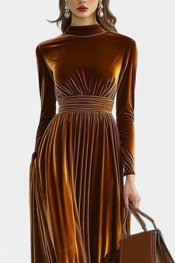 Doryane High-Collar Velvet Maxi Dress with Long Sleeves