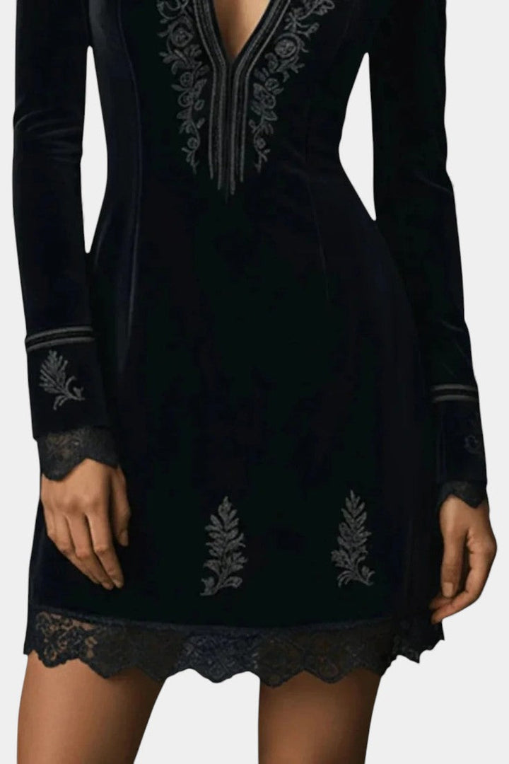 Pharélia Velvet Dress with Embroidery and Deep V-Neck