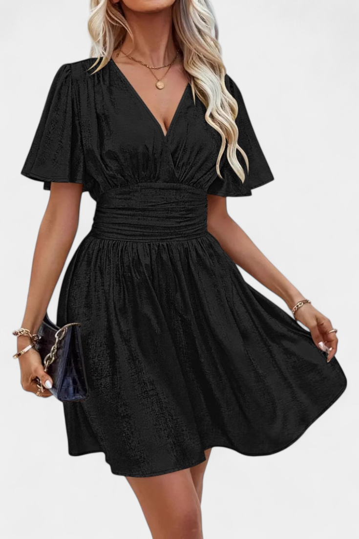 Adalee V-Neck Wrap Dress with Elegant Flowing Sleeves
