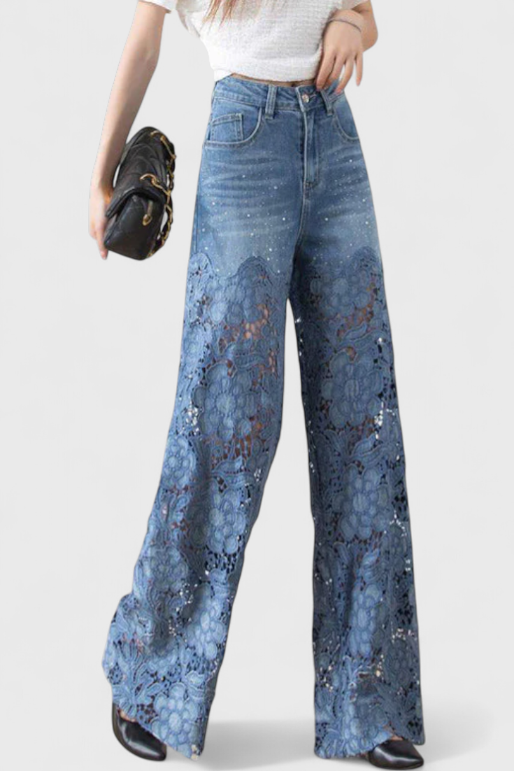 Denim Jasiel Palazzo Pants Featuring Openwork Lace Details