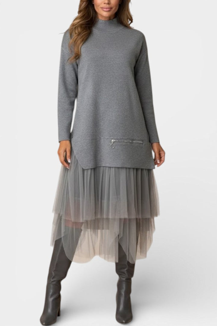 High Collar Fiorenza Knit and Tulle Dress