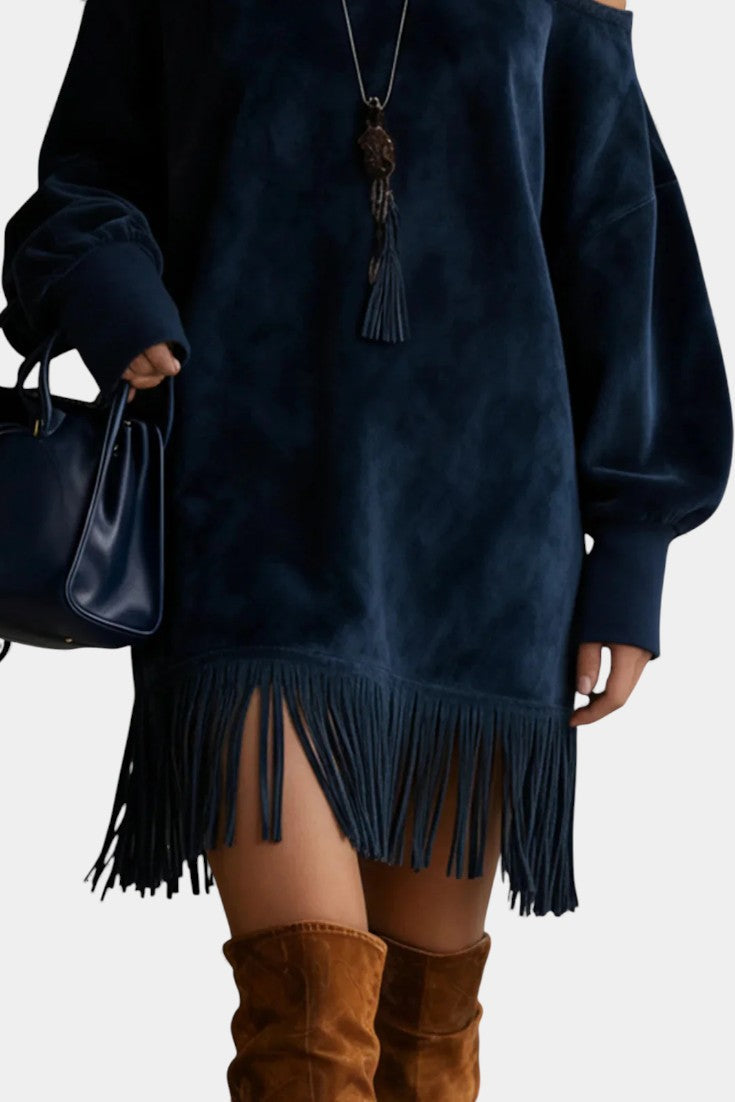 Iseult Off-Shoulder Navy Suede Dress with Fringed Hem