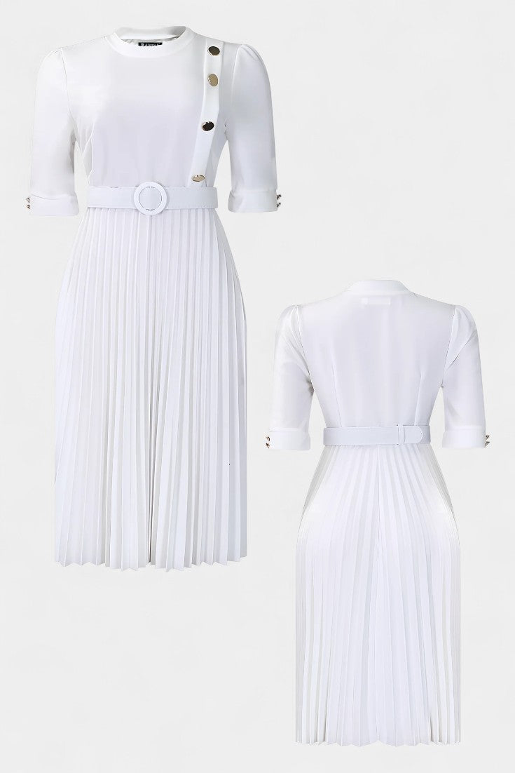 Zandie Chic Pleated Dress Featuring Stylish Button Accents
