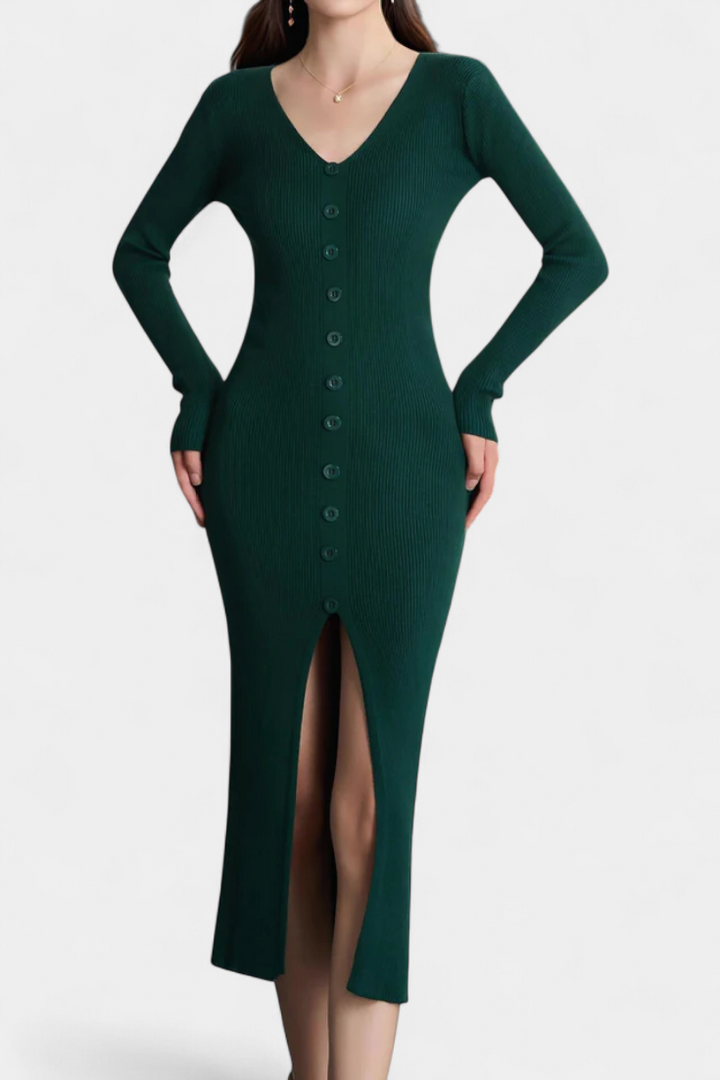 Nadège V-Neck Midi Knitted Dress with Chic Button Details