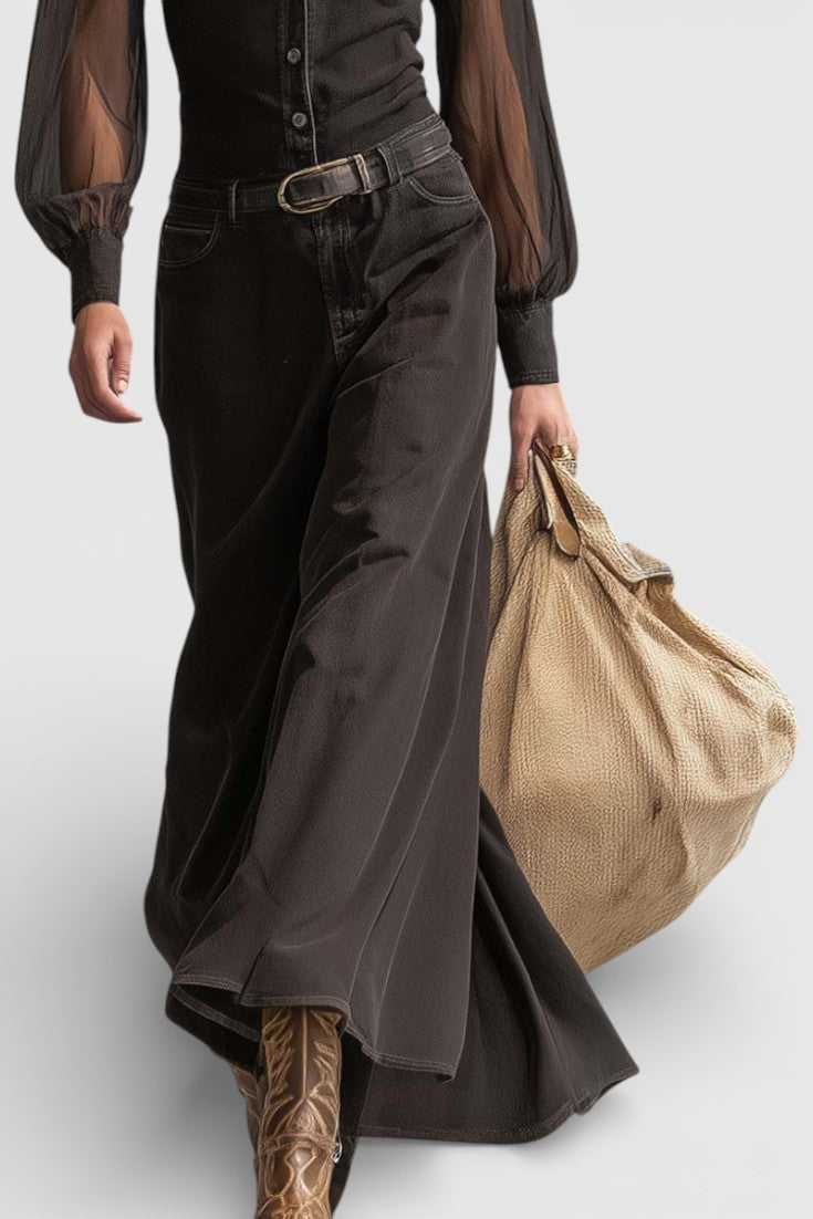 Black Denim Long Sleeve Button-Up Dress