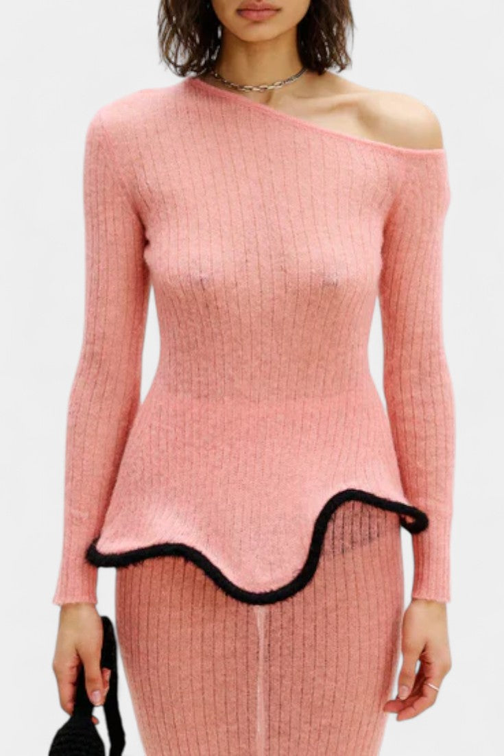 Stormi Asymmetrical Knit Set with Ruffled Trim and Shimmering Midi Skirt