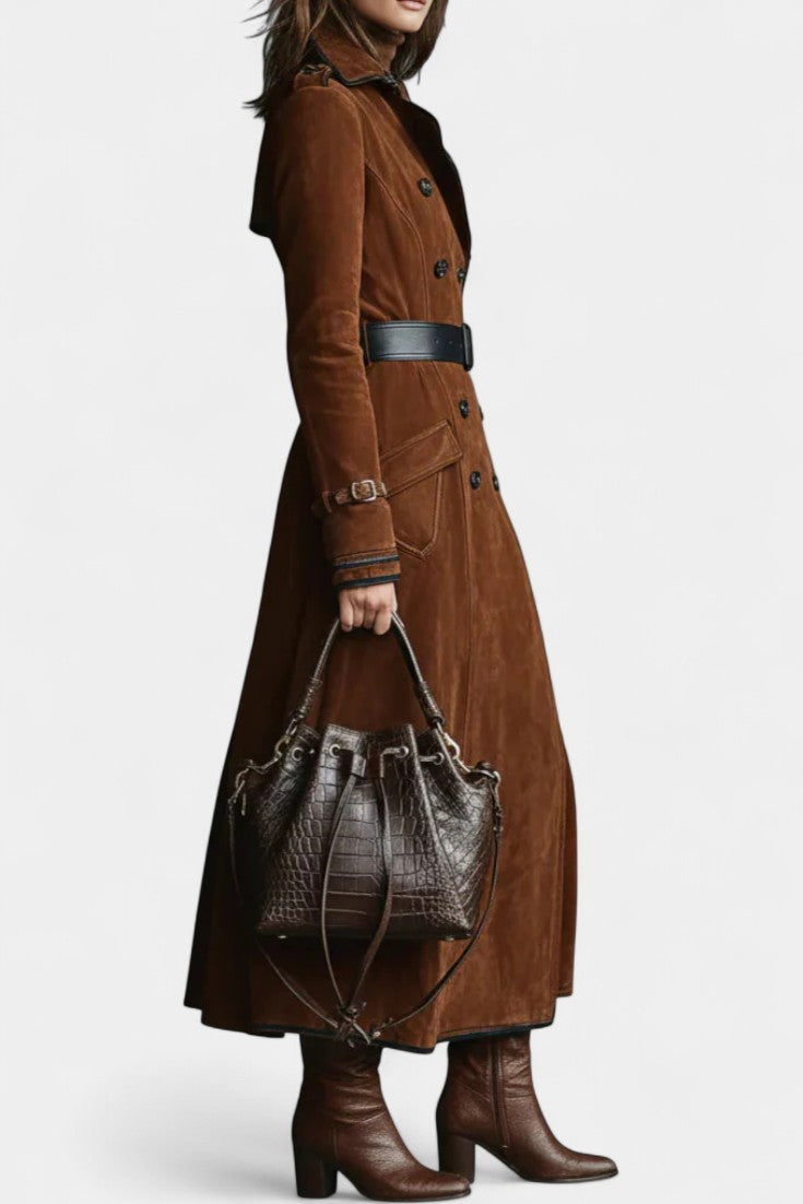 Double-Breasted Suede Sandra Long Coat with Black Trim