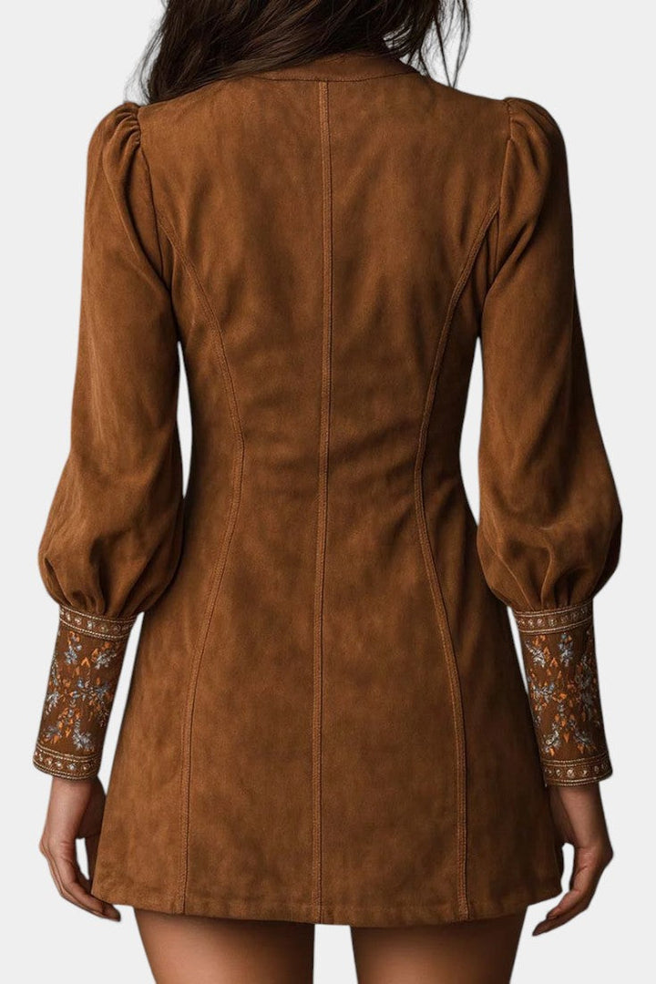 Embroidered Suede Anceline Mini Dress with a Vintage Flair