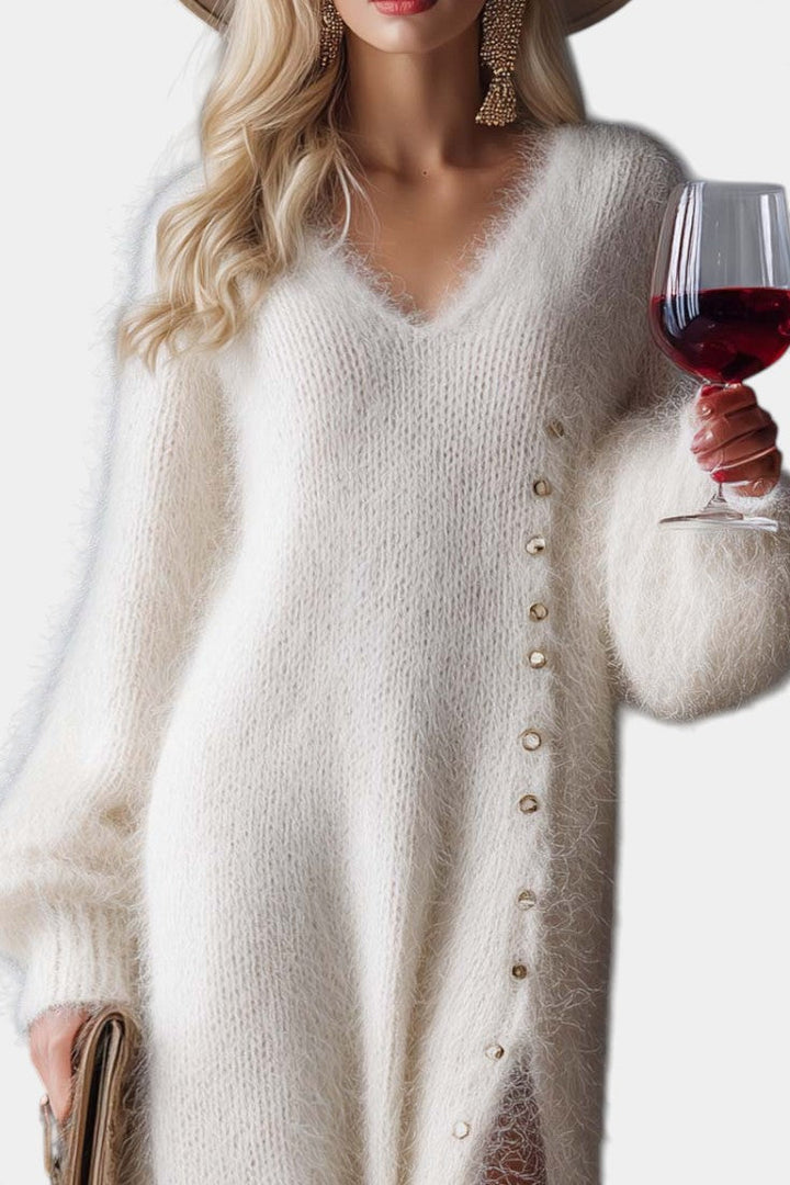 Méthilde Faux Fur Midi Dress with Knitted Design and Metal Buttons