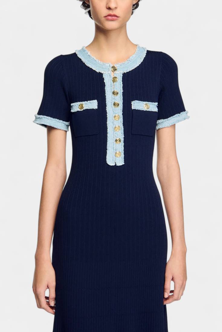 Alexia Knit Polo Dress with Open Collar and Button Accents