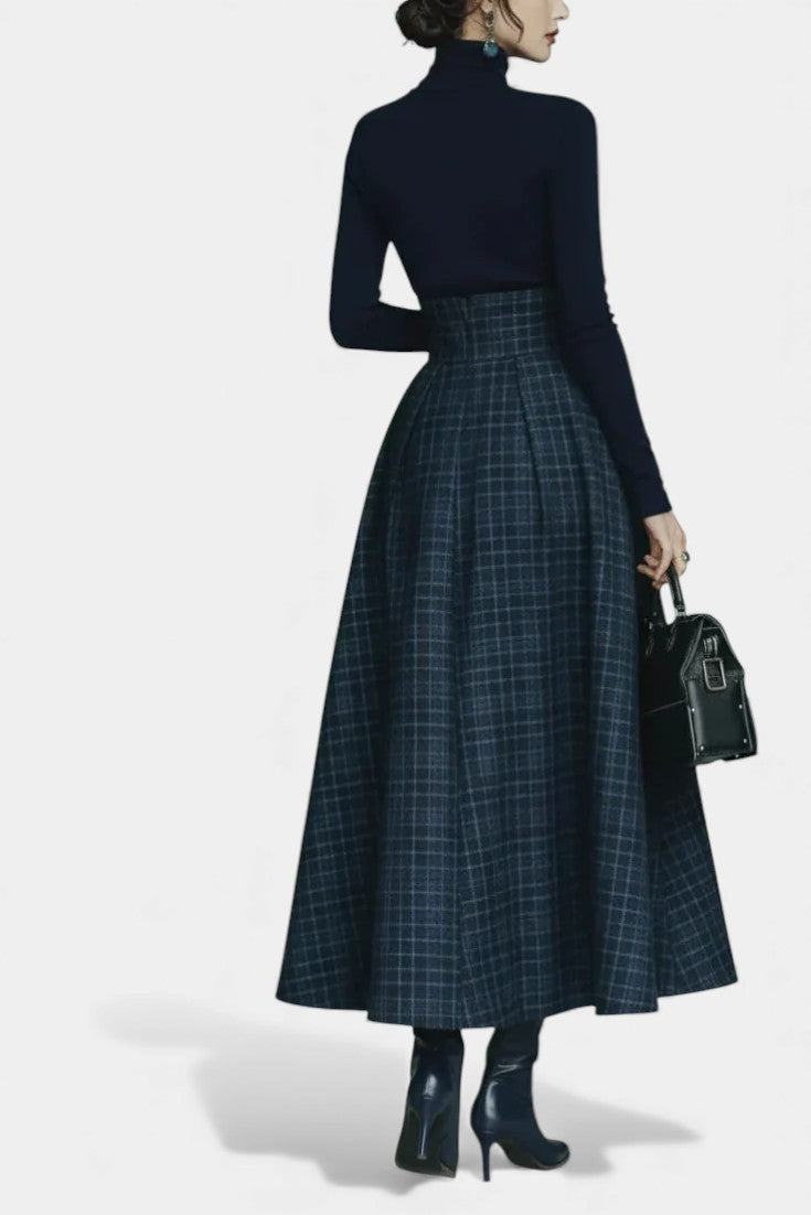 Angelika Night Blue High Neck Set with Checkered Skirt