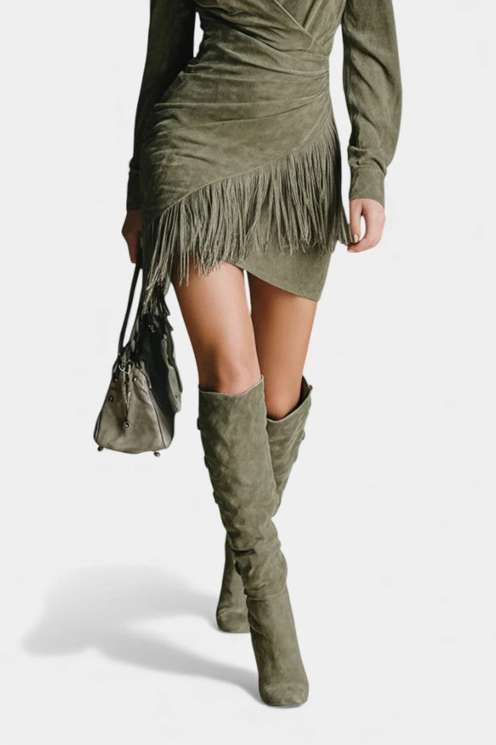 Ottilia Olive Suede Mini Wrap Dress