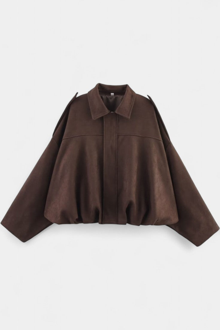 Monnie Suede Oversized Bomber Jacket with Structured Shoulders