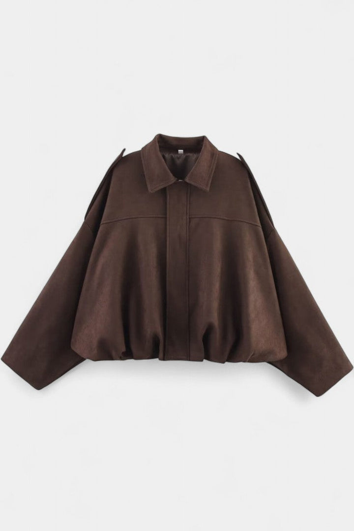Monnie Suede Oversized Bomber Jacket with Structured Shoulders