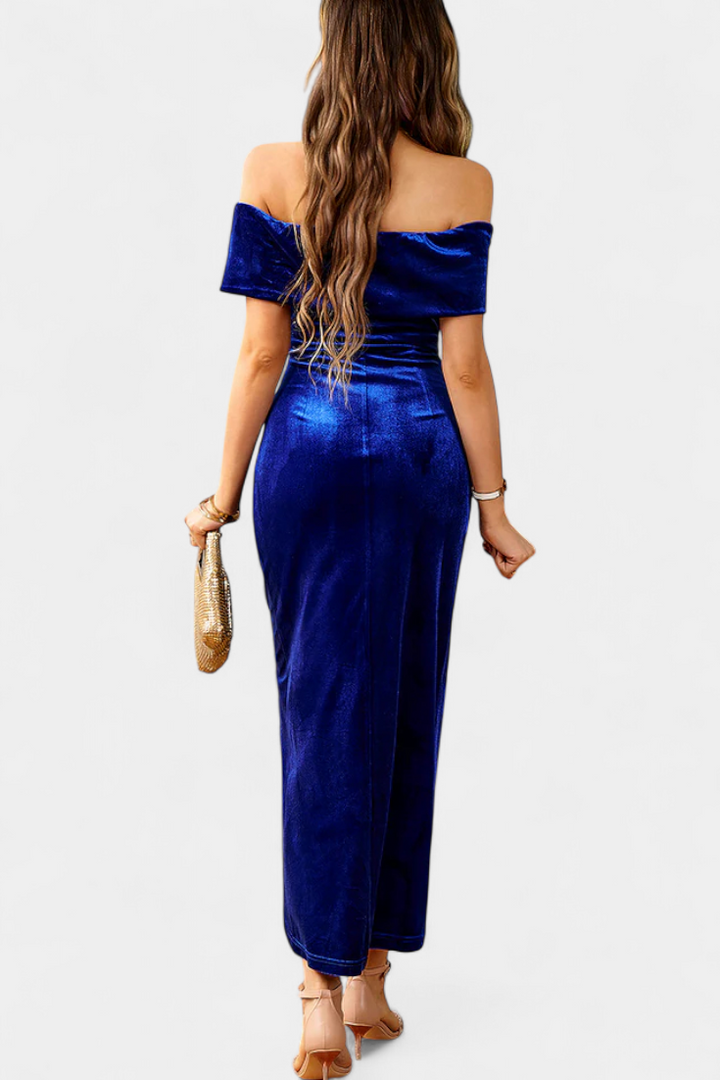 Geneviève Off-Shoulder Midi Velvet Dress with Side Slit