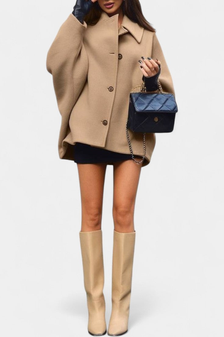 Ambreline Mid-Length Wool Batwing Coat featuring Notch Collar