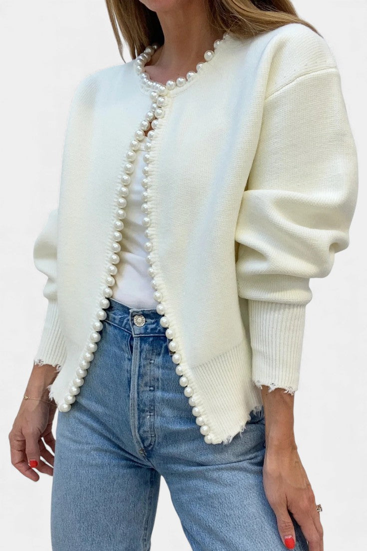 Beaded Edge Knit Cardigan with Frayed Hem by Prisette