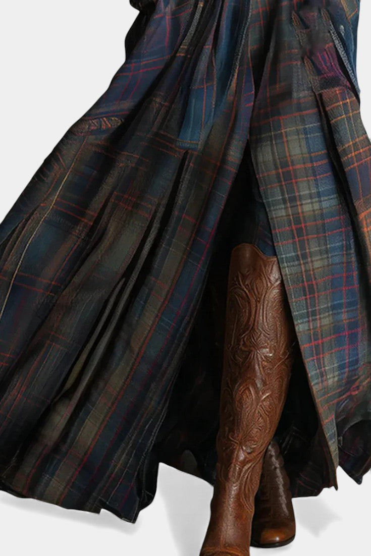 Retro Ethnic Style Liza Maxi Dress in Checkered Suede