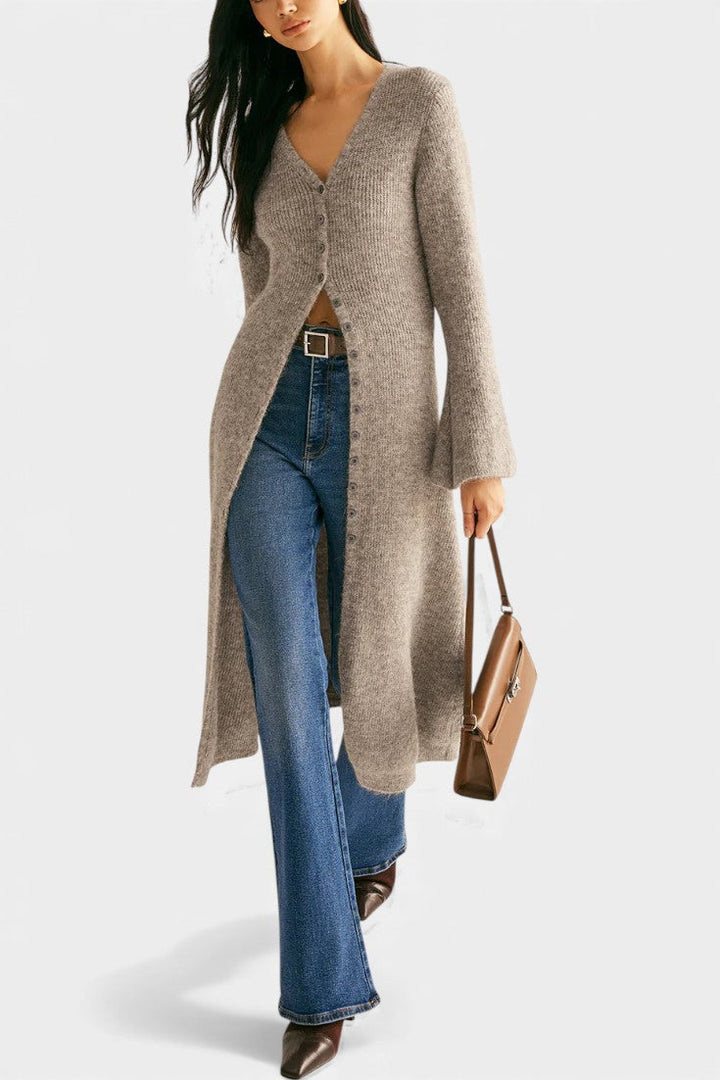 Dorénia V-Neck Midi Sweater Dress with Side Slit