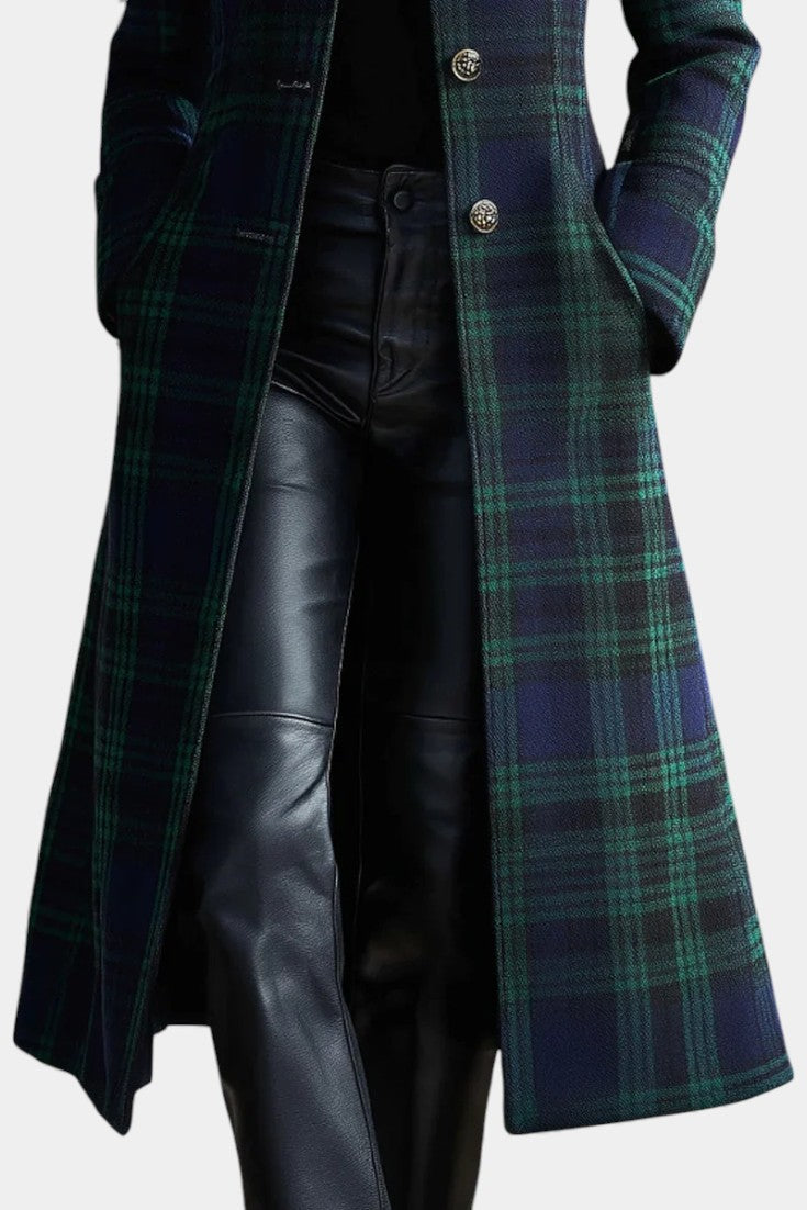 Caterina Vintage-Inspired Midi Coat in Blue-Green Plaid