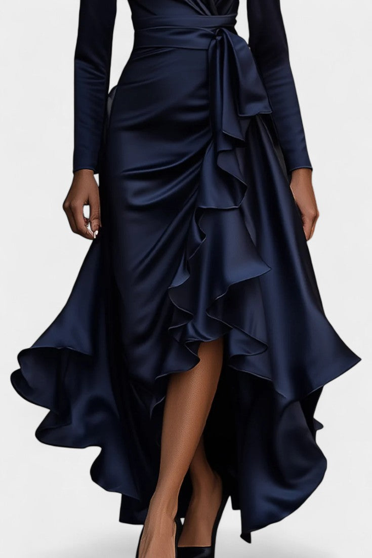 Isabeau Satin Dress Featuring Ruffled Hem and Adjustable Waist Belt
