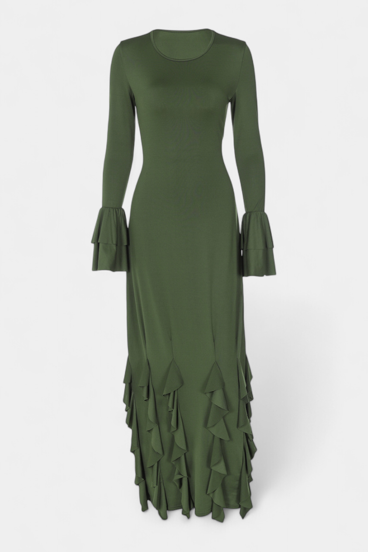 Calissa Long Fitted Dress Featuring Flared Sleeves and Flowing Ruffles