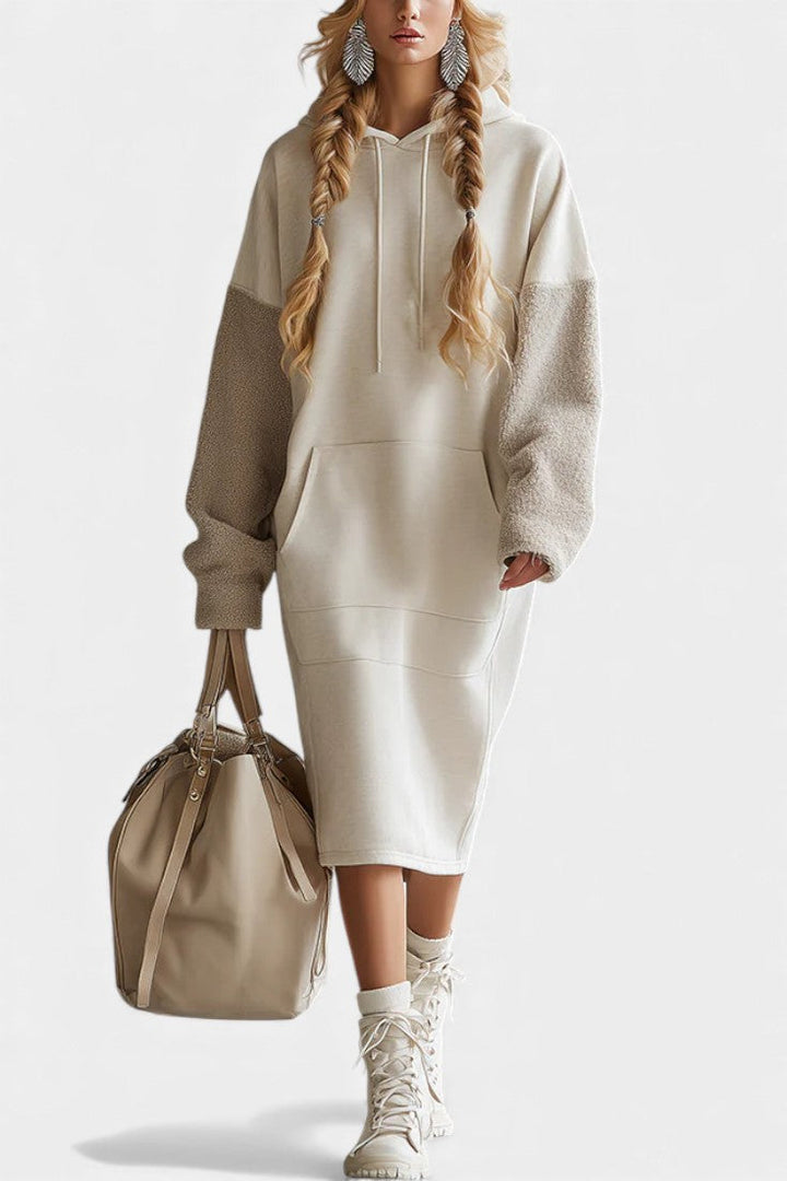 Ivayla Beige Hooded Midi Sweatshirt Dress in Fleece