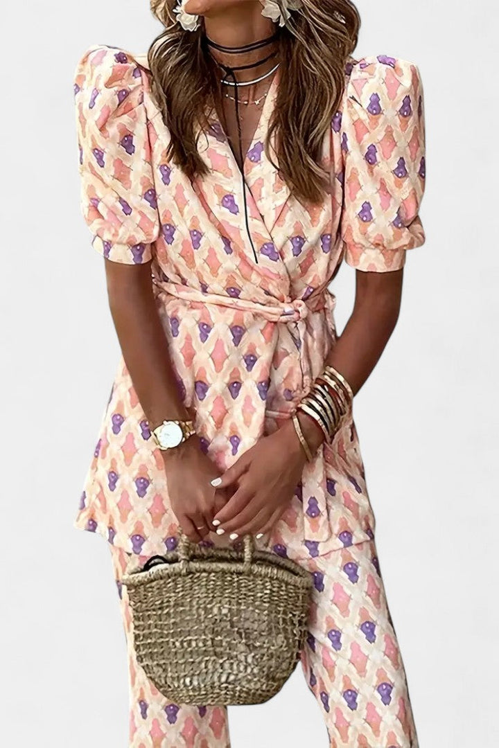 Araceli Tailored Set with Puff Sleeves and Flared Trousers