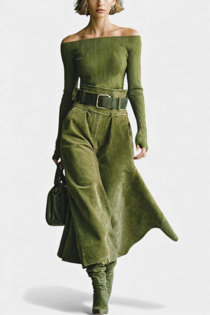 Atala Olive Off-the-Shoulder Top with Midi Suede Skirt Ensemble