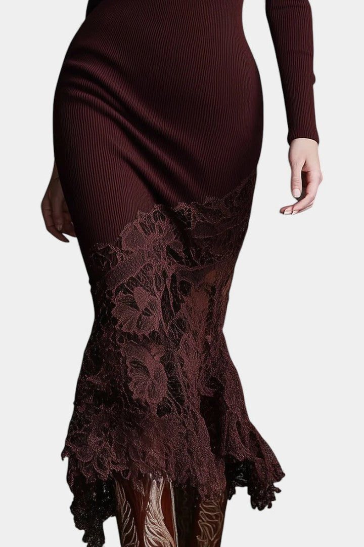 Avaria Burgundy Knit Maxi Dress Featuring High Collar and Lace Trim
