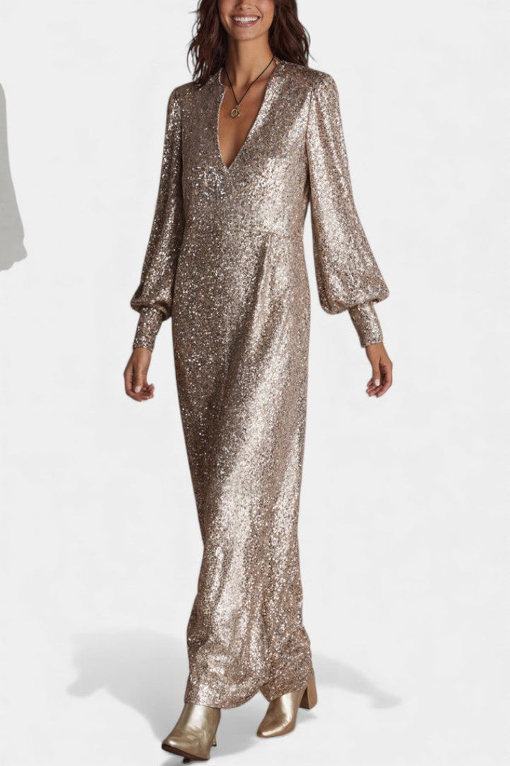 Kaleria Chic V-Neck Long Dress with Relaxed Fit