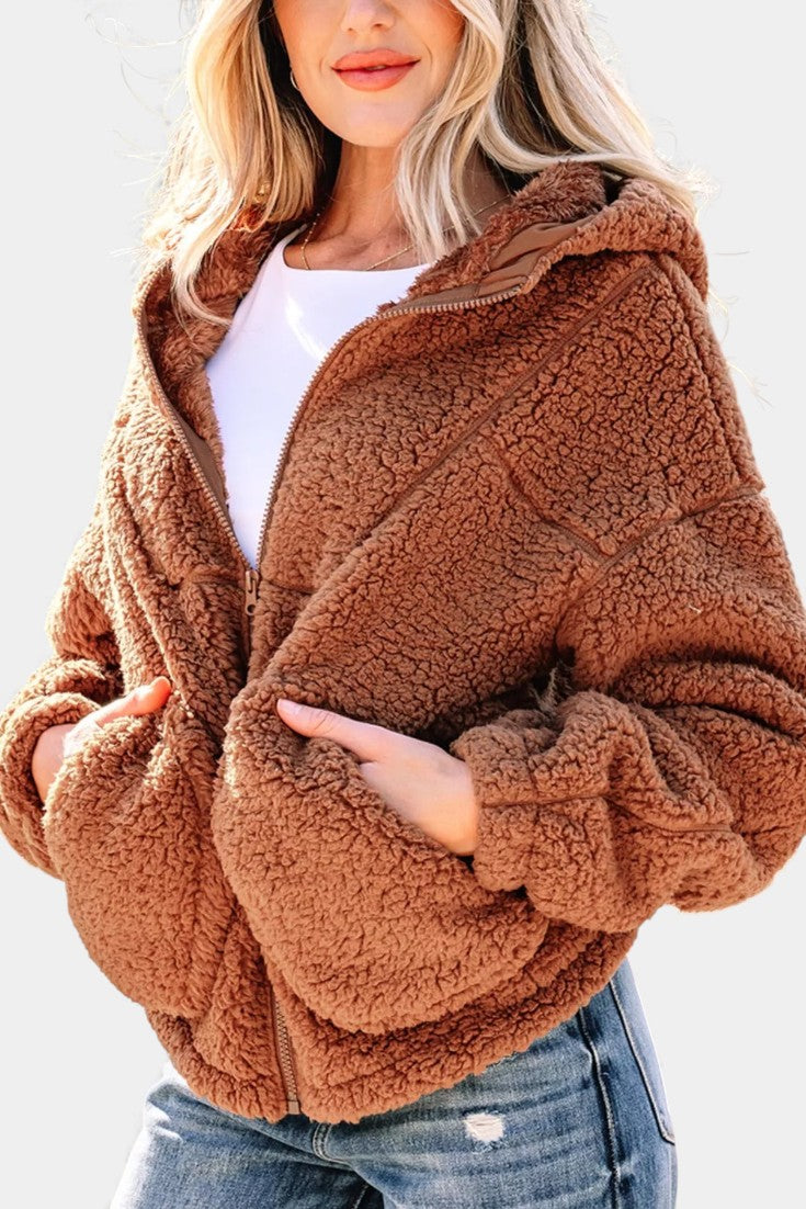 Loose Fit Roza Teddy Hooded Zip Jacket
