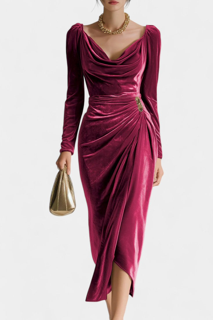 Chérane Velvet Midi Dress with Ruched Neckline and Tulip Hem