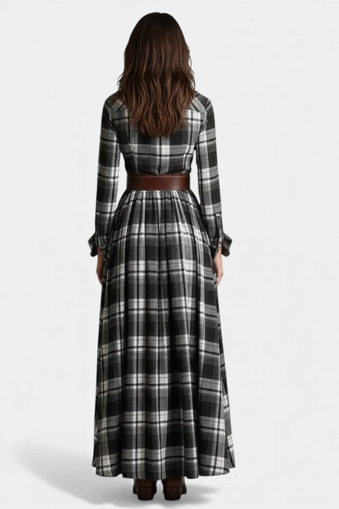 Eustelle Black and White Checkered Maxi Dress with Collar