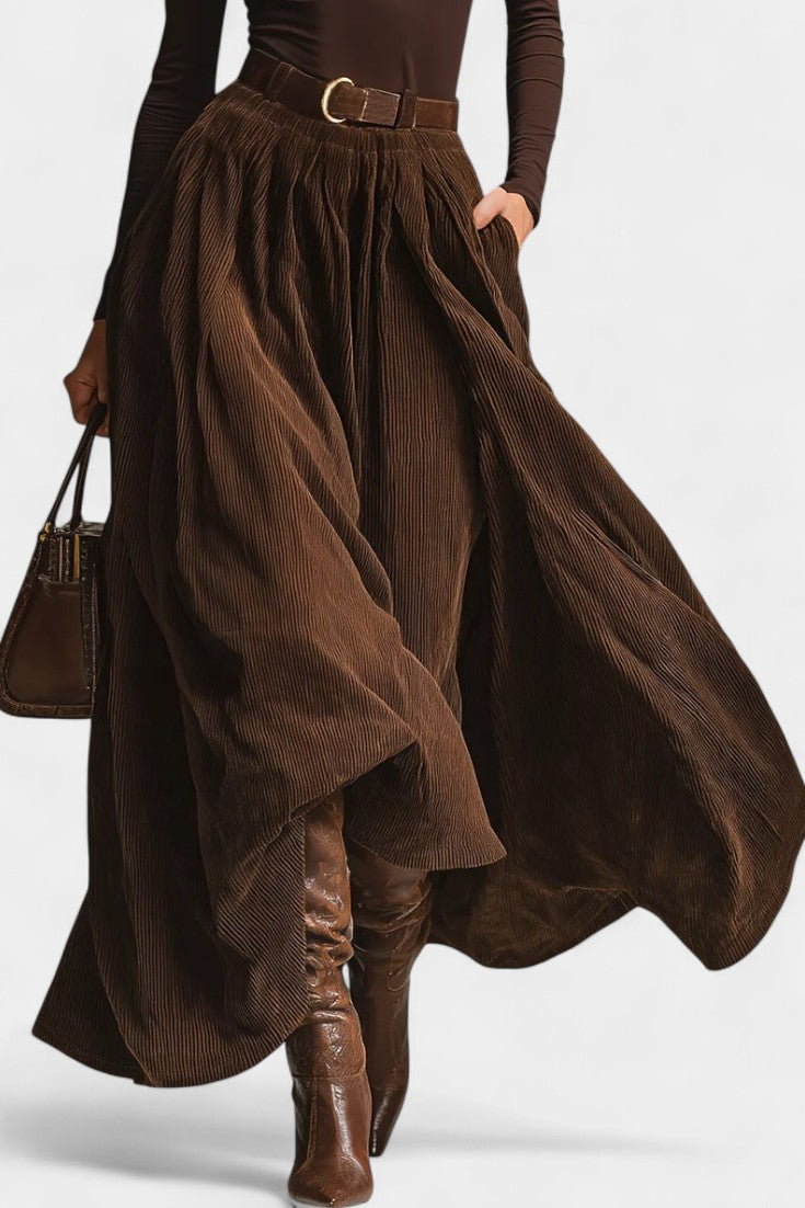 Fabia Dark Brown Turtleneck Ensemble with Corduroy Skirt