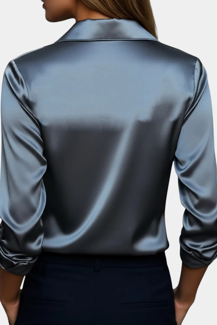 Plunging Neckline Aline Silver Satin Blouse