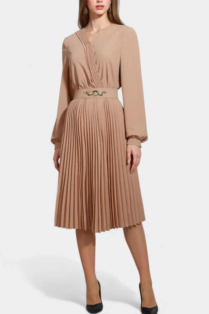 Lucie Long Sleeve Midi Dress with Pleats and Belt