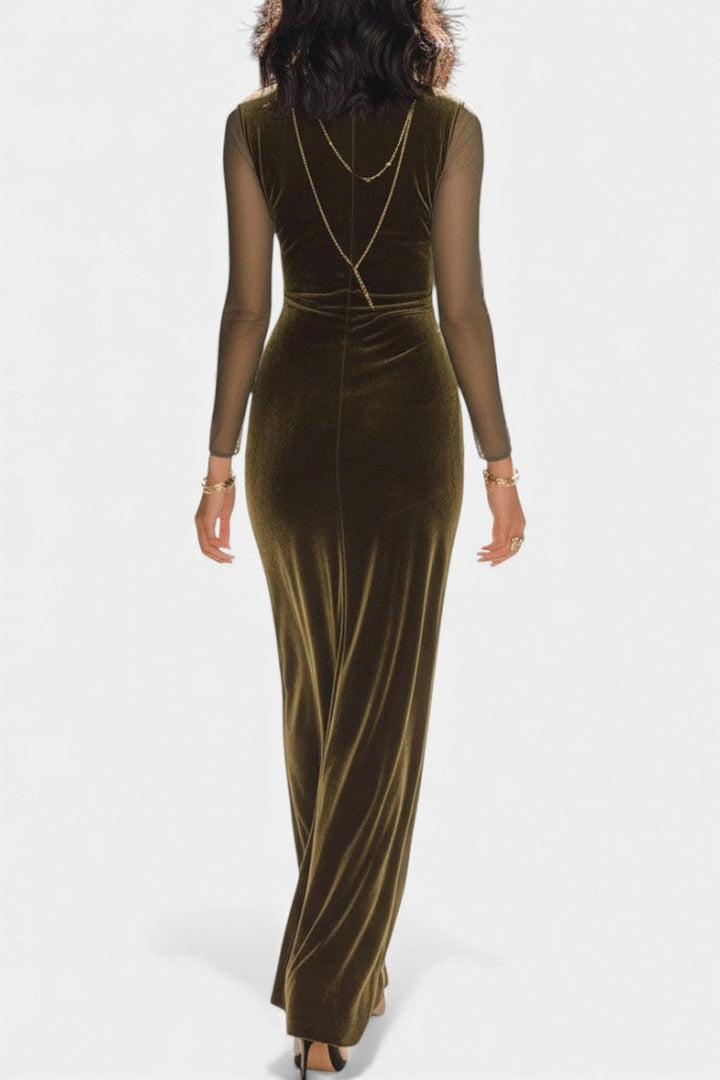 Rusina Olive Maxi Dress with Sheer Sleeves