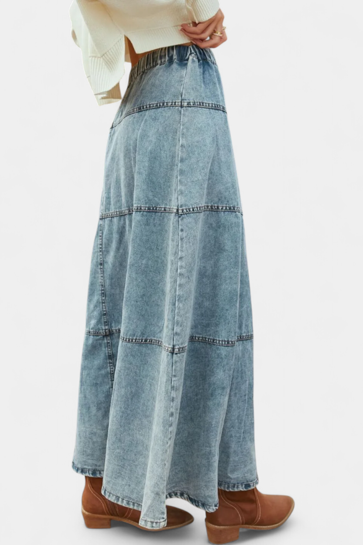 Lorraine Long Denim Skirt Featuring Feather Accents
