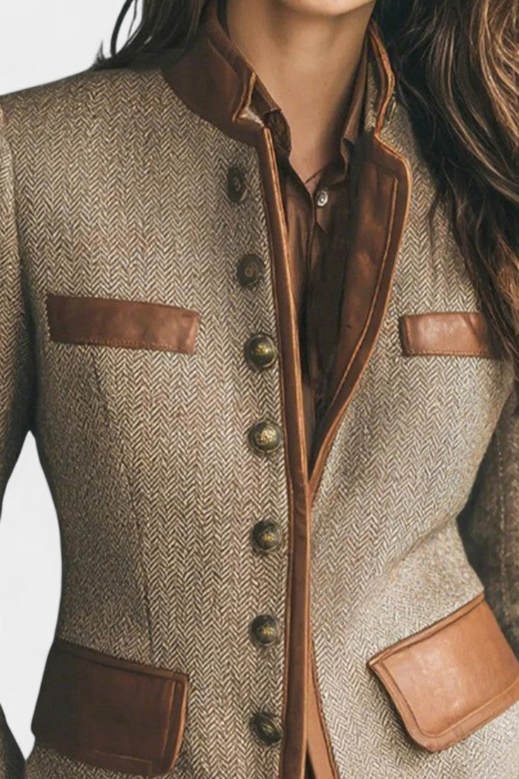 Letizia Chevron Jacket with Elevated Collar and Piped Details