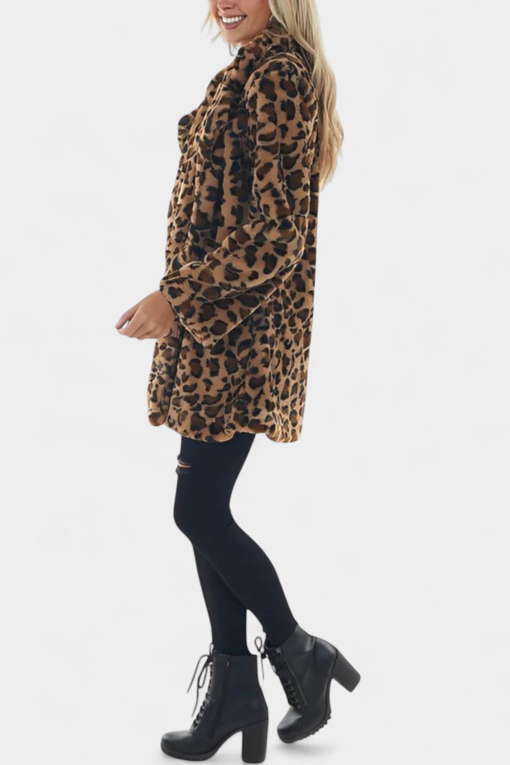 Énola Leopard Print Faux Fur Coat with Pockets - Long Style
