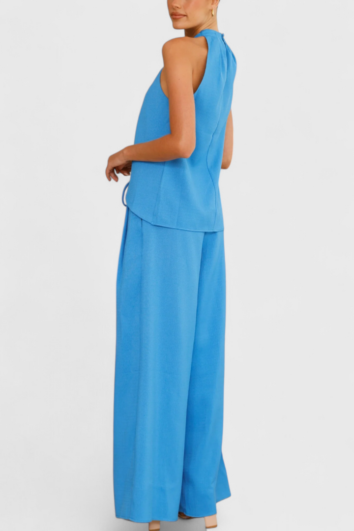 Bernadina Linen Ensemble: Front Neckline Top with Wide Leg Pants