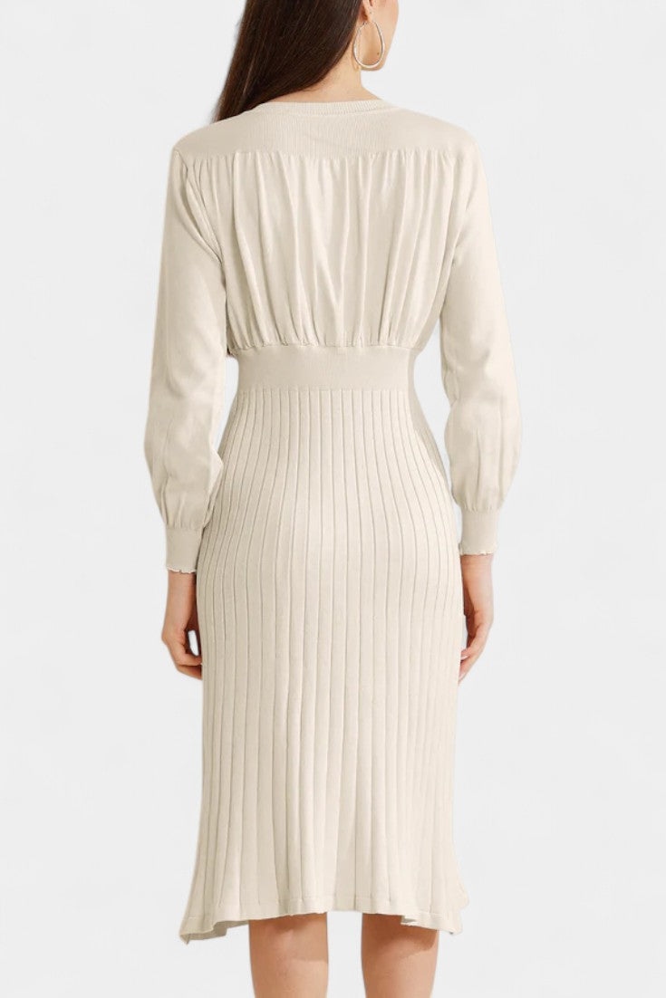 Arsina Ribbed Midi Dress with Lantern Sleeves and Round Neckline