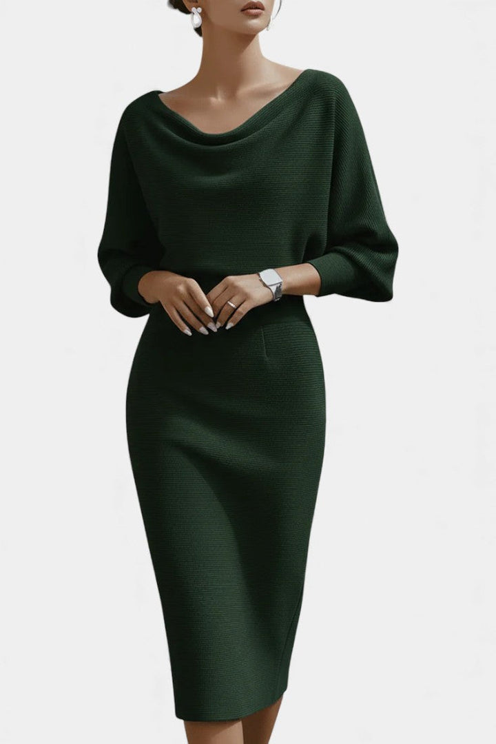 Marjolaine Midi Dress with Batwing Sleeves and Draped Design